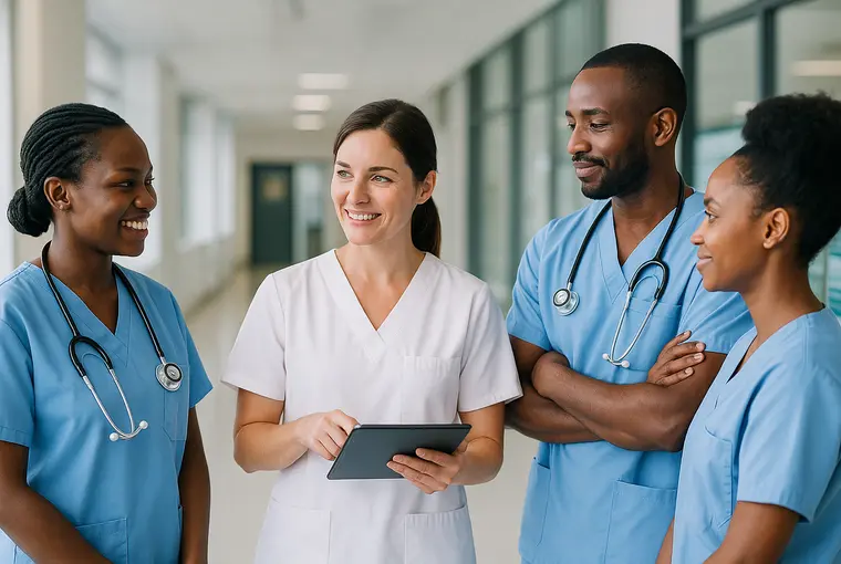 International nurses from Kenya and Cameroon collaborate with German colleagues in a modern hospital setting.
